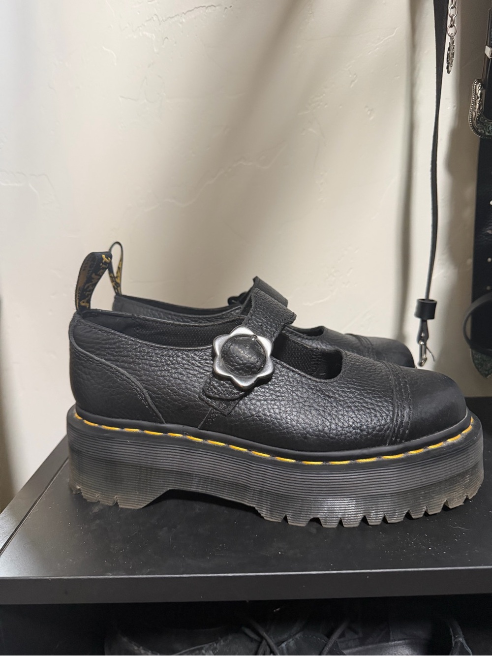 Dr. Martens Black Pebbled Leather Mary Jane Platform with Yellow Stitching
